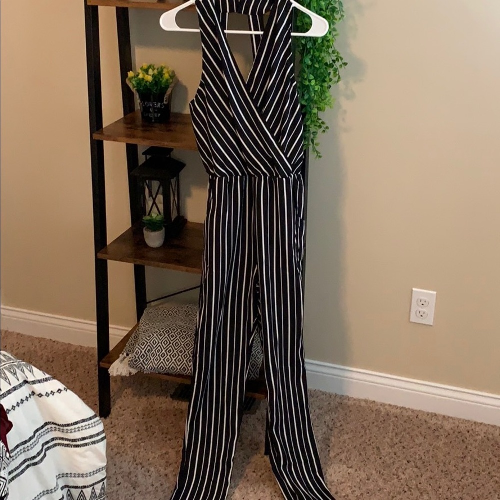 Black and white striped halter jumpsuit